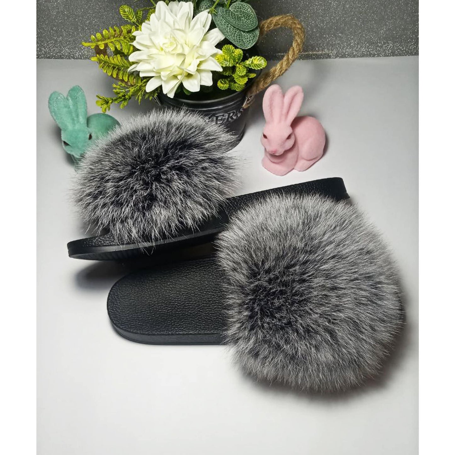 BY ORDER Silver Fox Fur Slippers Women Girl Beach Large Real Finnish Fox Fur Sandals Summer Slides Fashion Fluffy Shoes Flip Flops Leather