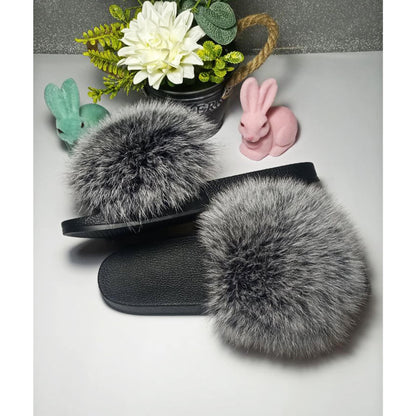Silver real fur slippers with Arctic fox fur – view 2
