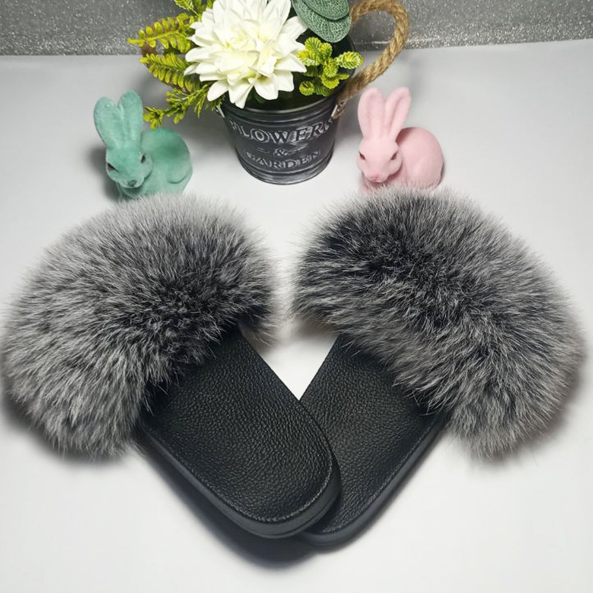 BY ORDER Silver Fox Fur Slippers Women Girl Beach Large Real Finnish Fox Fur Sandals Summer Slides Fashion Fluffy Shoes Flip Flops Leather