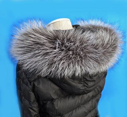 Real silver fox fur hood trim and wide fur collar – view 3