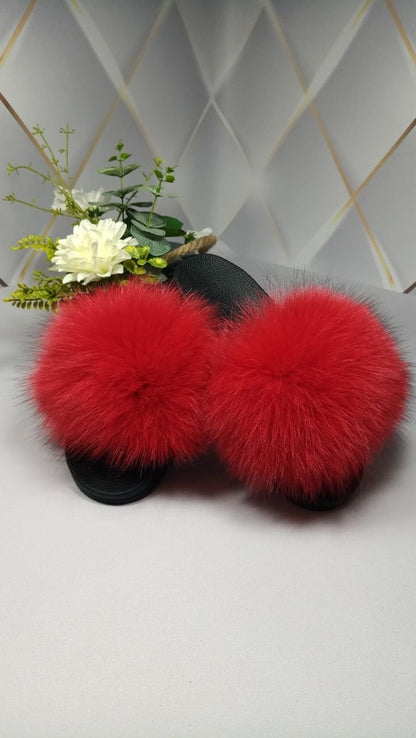 Red real fur slippers with Arctic fox fur – view 2
