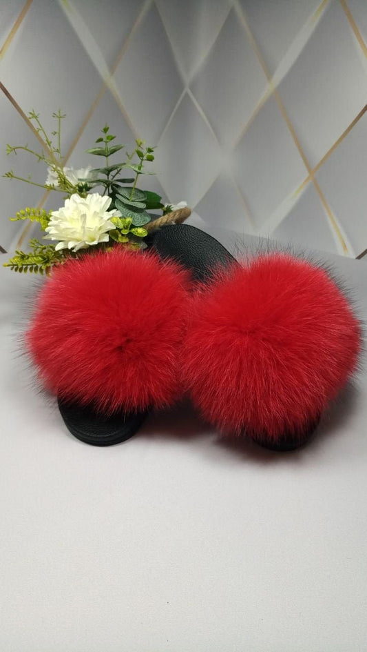 READY to SHIP, size 9 Red Real Fox Fur Sandals Women Girl Beach Large Finnish Fox Fur Slippers Summer Slides Fashion Fluffy Shoes Flip Flops