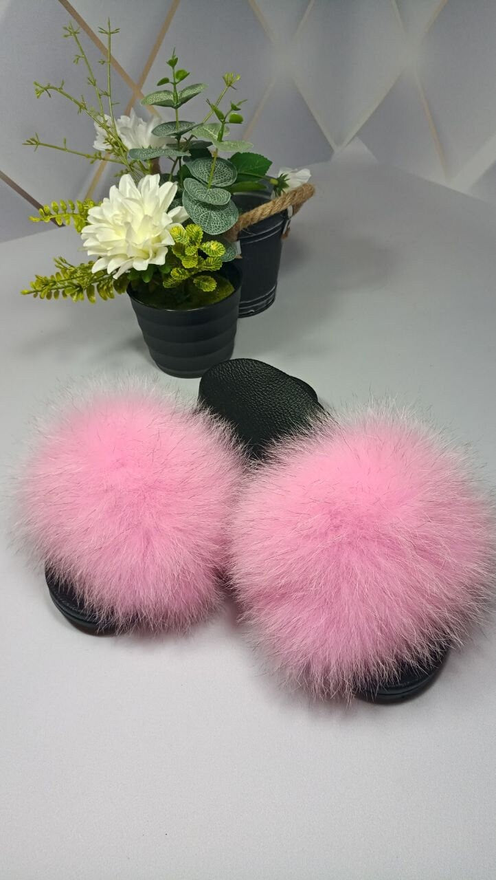 BY ORDER Pink Real Fox Fur Slides Leather Beach Large  Women Girl Natural Fur Sandals Summer Slippers Fashion Fluffy Shoes Flip Flop Natural