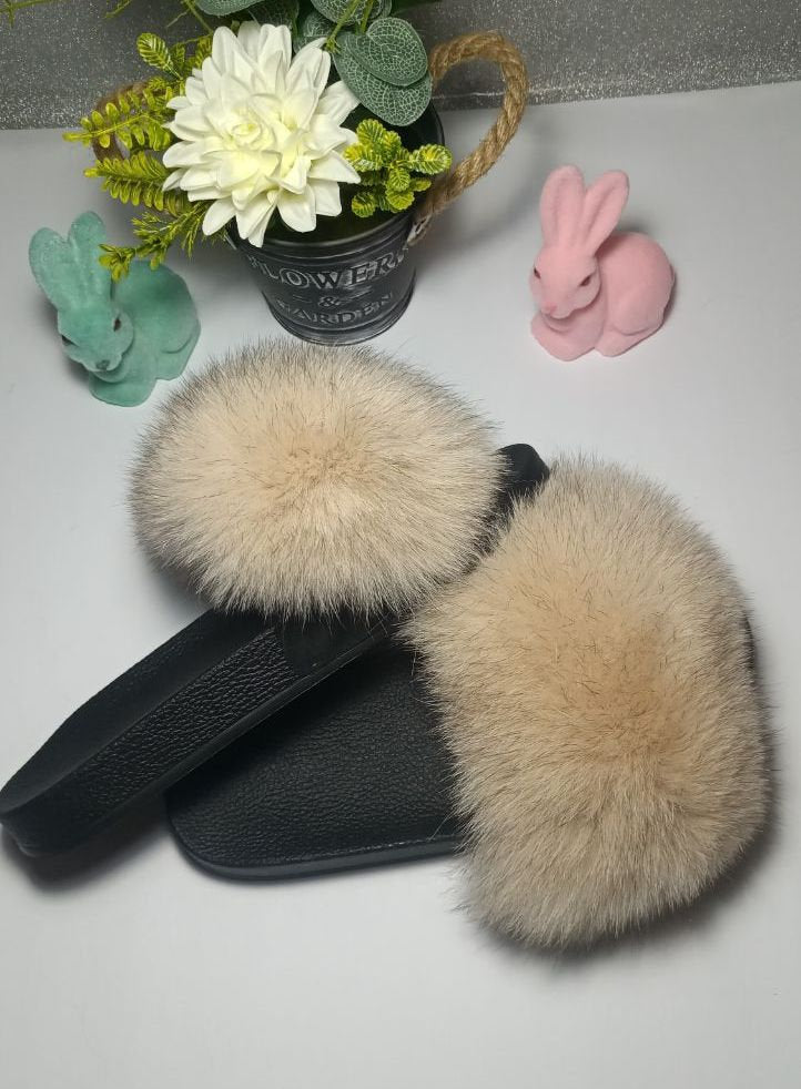 BY ORDER Beige Real Fox Fur Slides Women Girl Leather Beach Large Finnish Fox Fur Sandals Summer Slippers Fashion Fluffy Shoes Flip Flop