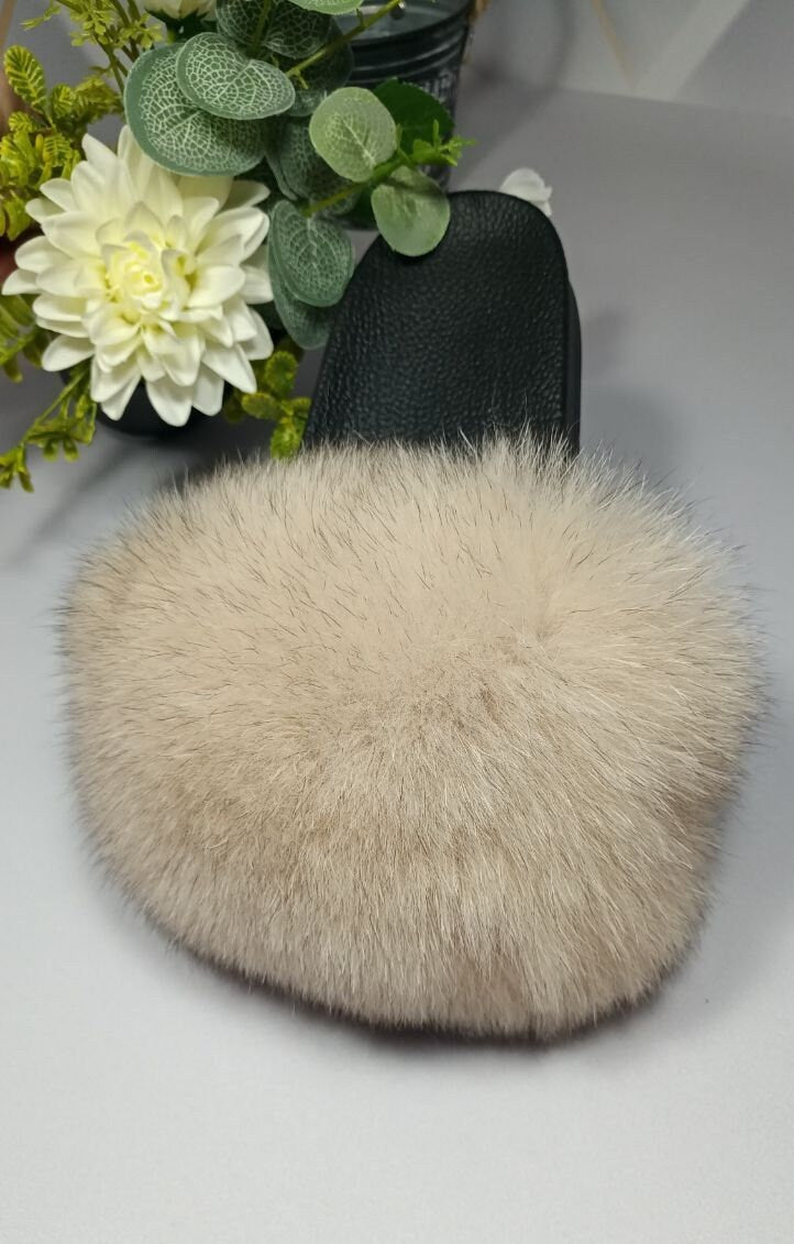 BY ORDER Beige Real Fox Fur Slides Women Girl Leather Beach Large Finnish Fox Fur Sandals Summer Slippers Fashion Fluffy Shoes Flip Flop