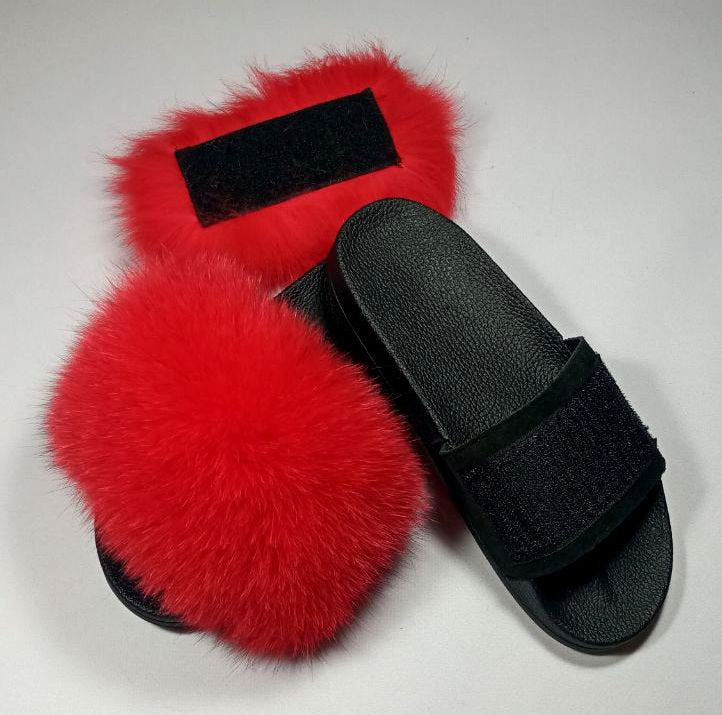BY ORDER Changing Colors Real Fox Fur Slides with Velcro Women Leather Beach Large Fox Fur Sandals Summer Slippers Fluffy Shoes Flip Flops