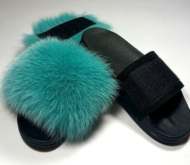 BY ORDER Changing Colors Real Fox Fur Slides with Velcro Women Leather Beach Large Fox Fur Sandals Summer Slippers Fluffy Shoes Flip Flops