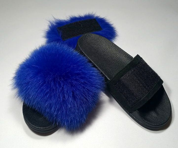 BY ORDER Changing Colors Real Fox Fur Slides with Velcro Women Leather Beach Large Fox Fur Sandals Summer Slippers Fluffy Shoes Flip Flops