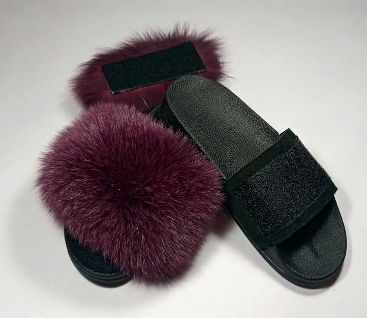 BY ORDER Changing Colors Real Fox Fur Slides with Velcro Women Leather Beach Large Fox Fur Sandals Summer Slippers Fluffy Shoes Flip Flops