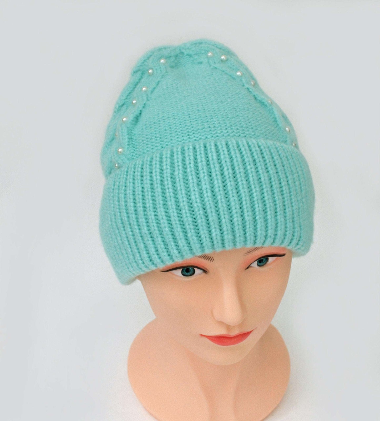KNITTED SLOUCHY BEANIE Girl Slouchy Knitted Wool Winter Woman Braided Hat Gift for Her Wool Accessories Chunky Hat Fleece Lining Cap Warm