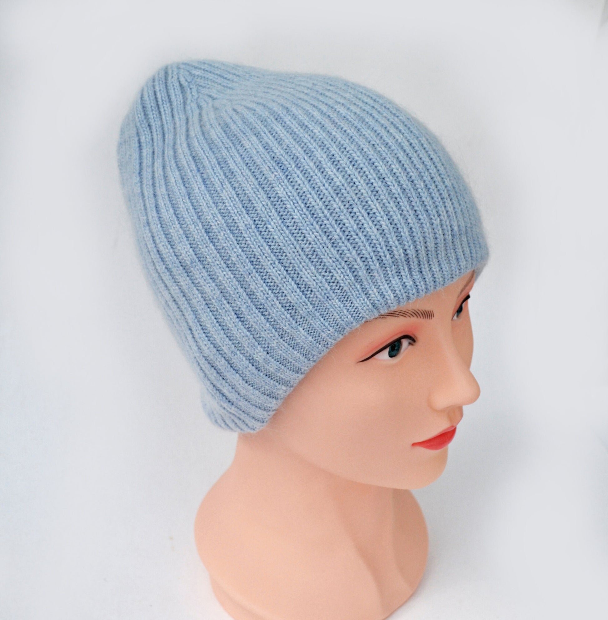 Angora Wool Beanie: Knitted Slouchy Winter Hat with Fleece Lining