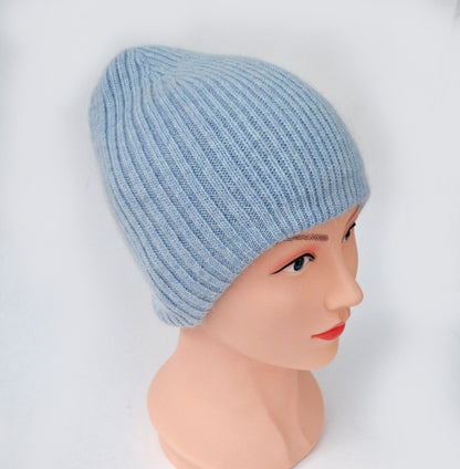 Angora Wool Beanie: Knitted Slouchy Winter Hat with Fleece Lining