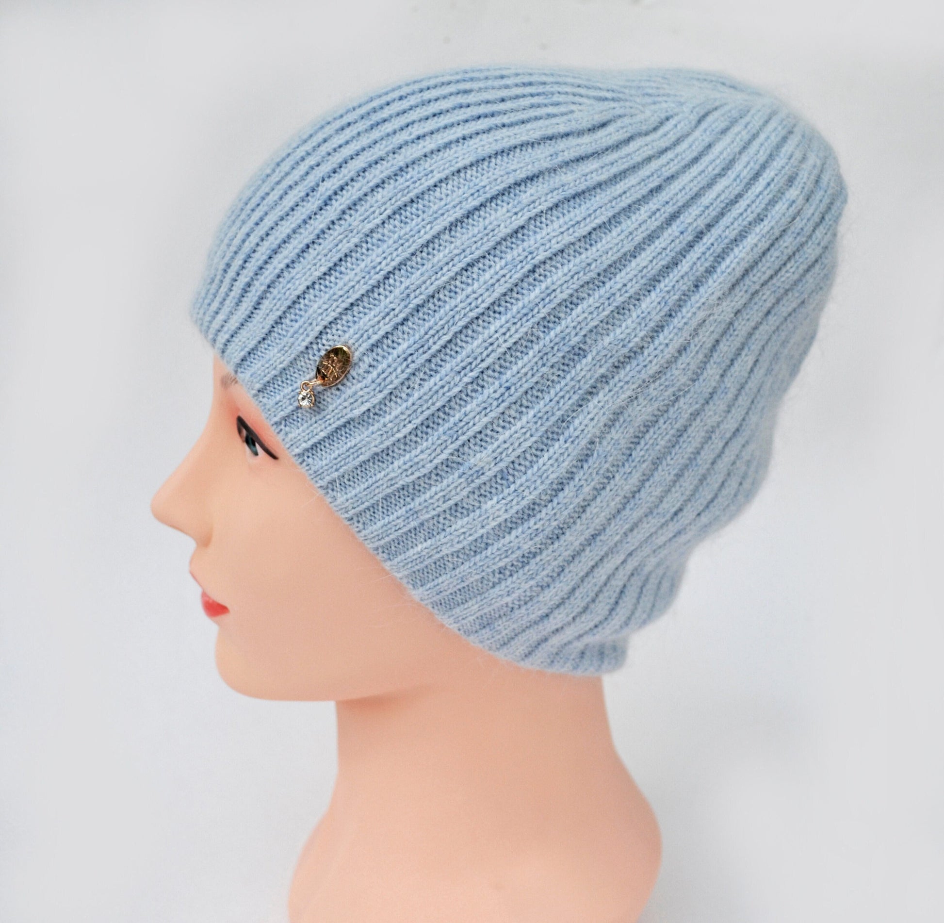 Angora Wool Beanie: Knitted Slouchy Winter Hat with Fleece Lining