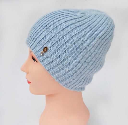 Angora Wool Beanie: Knitted Slouchy Winter Hat with Fleece Lining