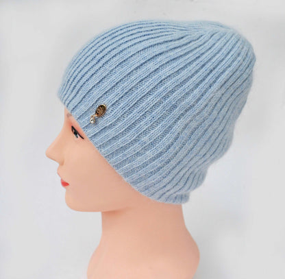 ANGORA WOOL BEANIE Girl Knitted Slouchy Winter Woman Hat with Beads, Gift for Her Wool Accessories Chunky Hat Fleece Lining Cap Warm