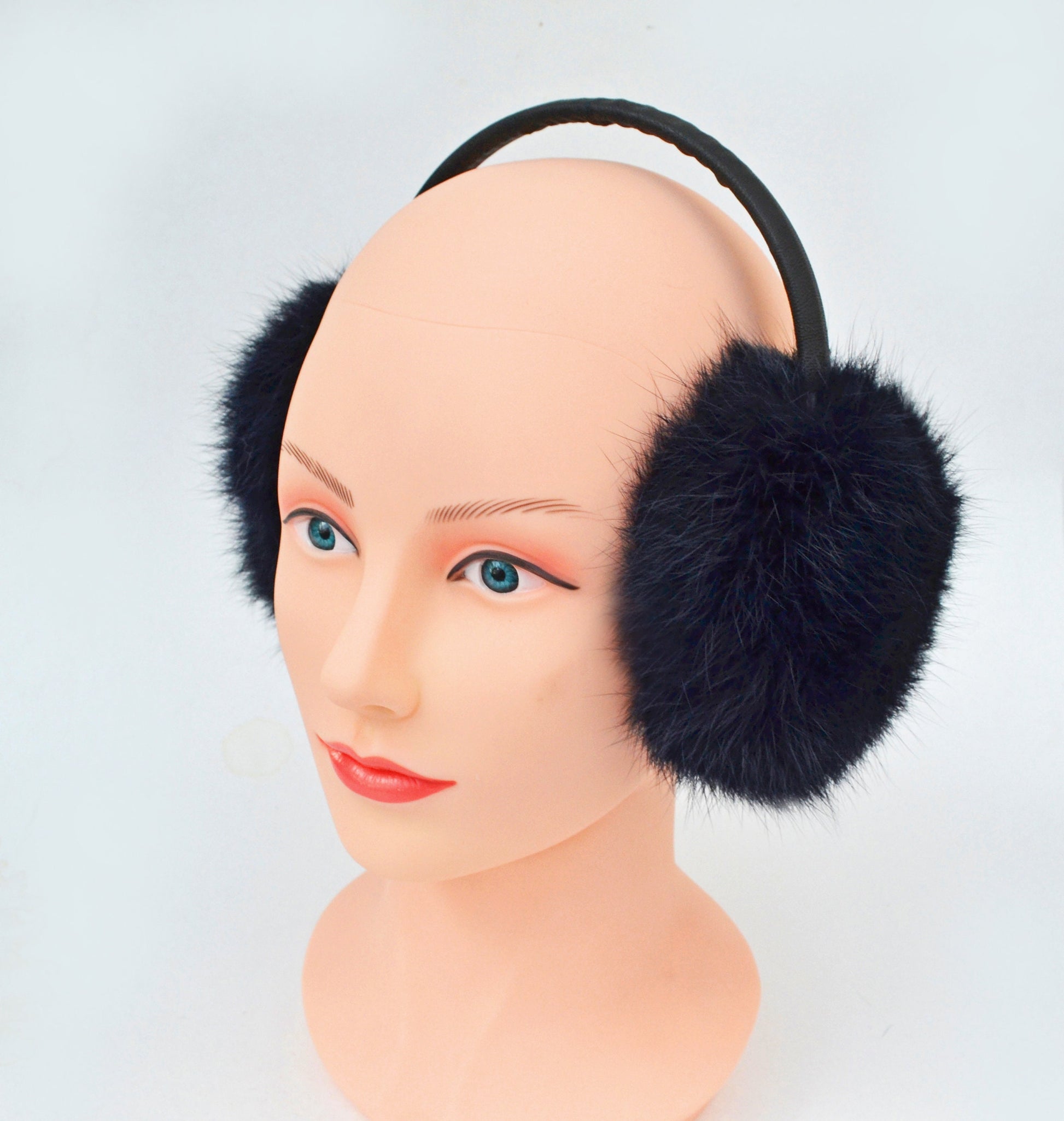 Navy Rabbit Fur Earmuffs, Adjustable Winter Ear Warmers