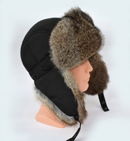 Ski Hat – Warm Rabbit Fur Aviator Earflap Hat – Black with Brown Thread Accents – view 3