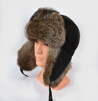 Ski Hat – Warm Rabbit Fur Aviator Earflap Hat – Black with Brown Thread Accents – view 1