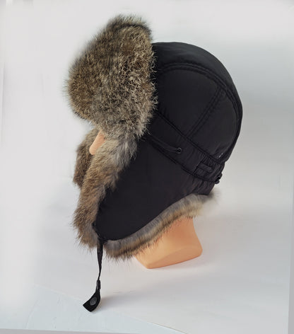 Ski Hat – Warm Rabbit Fur Aviator Earflap Hat – Black with Brown Thread Accents – view 2