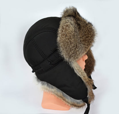 Ski Hat – Warm Rabbit Fur Aviator Earflap Hat – Black with Brown Thread Accents – view 4