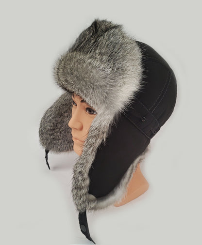 Rabbit Fur Hat – Unisex Aviator Winter Hat – Black with Gray Rabbit Fur – view 1