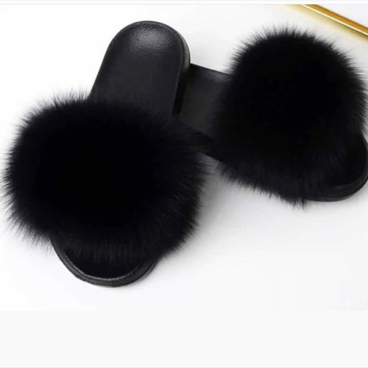 BY ORDER Black Real Fox Fur Slippers Women Girl Beach Large Finnish Fox Fur Sandals Summer Slides Fashion Fluffy Shoes Flip Flops Leather