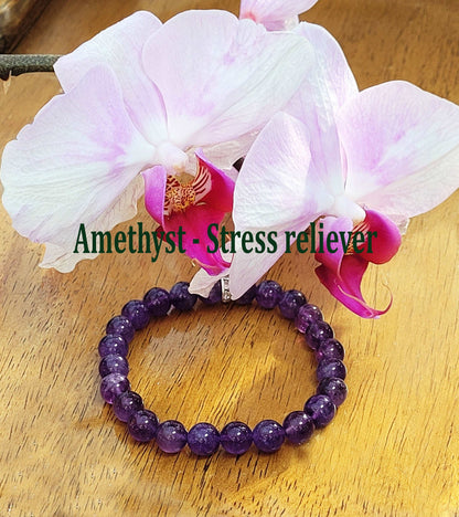 100% Natural Amethyst Bracelet, Purple Stone Bracelet, 8mm Gemstone Bracelet, Amethyst Stone Bracelet, Beaded Bracelet, Healing Bracelet