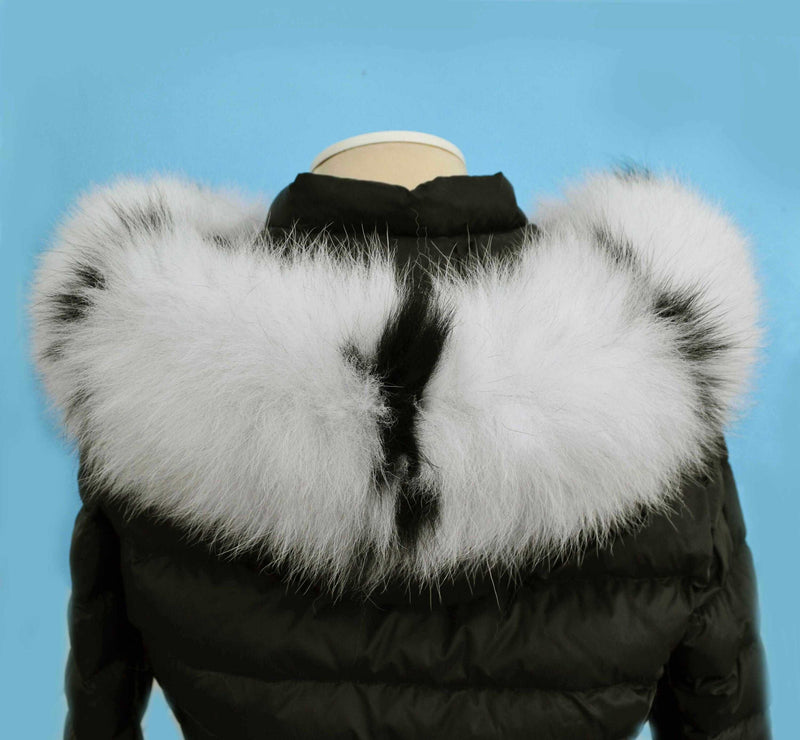BY ORDER XXL Real Fox Fur (skin) Trim Hood with lining and buttons, White and Black Fox Fur Collar, Large Fur Scarf Ruff, Real Fur Hood