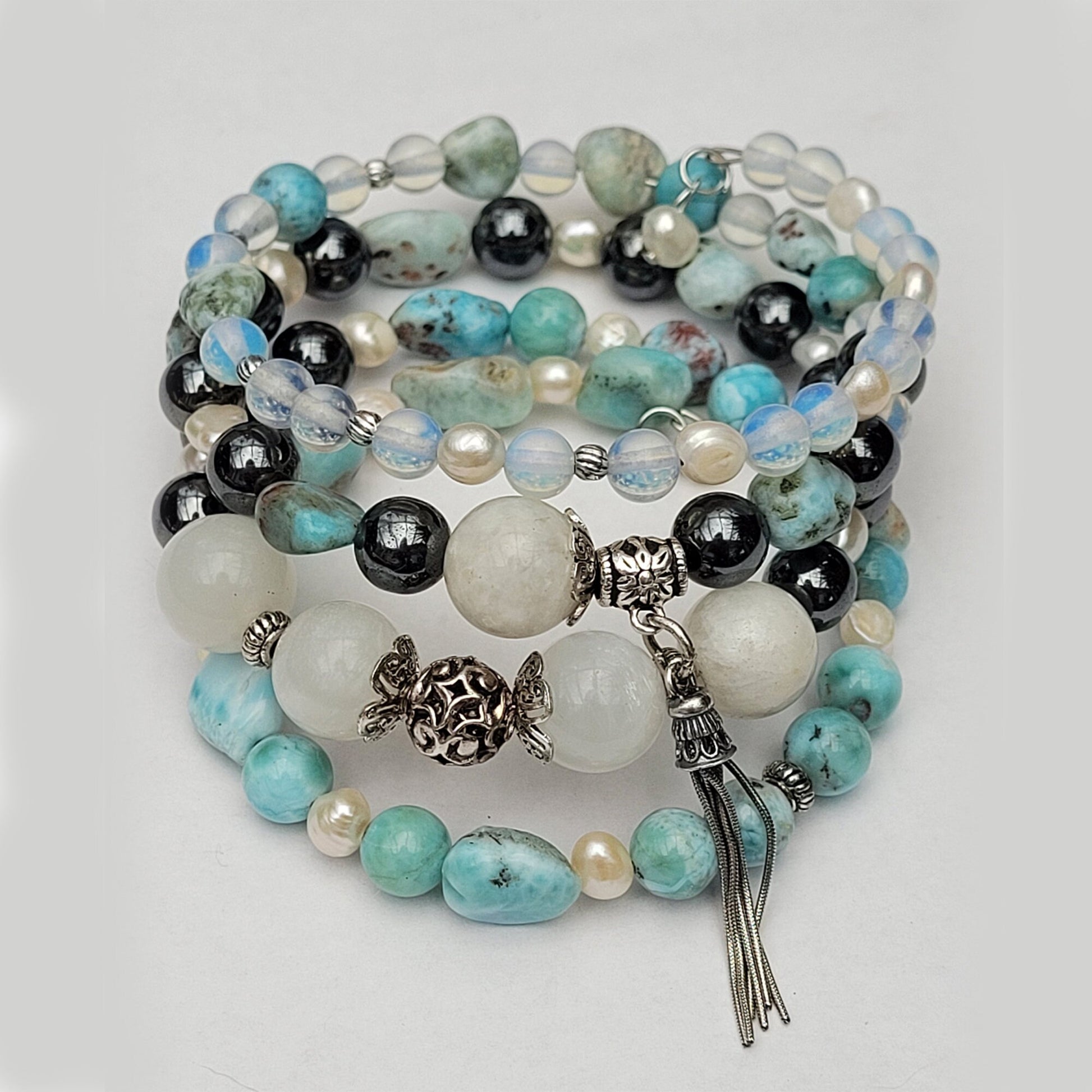 Larimar Bracelet: Sterling Silver, Moonstone, Pearl Gemstone Cuff