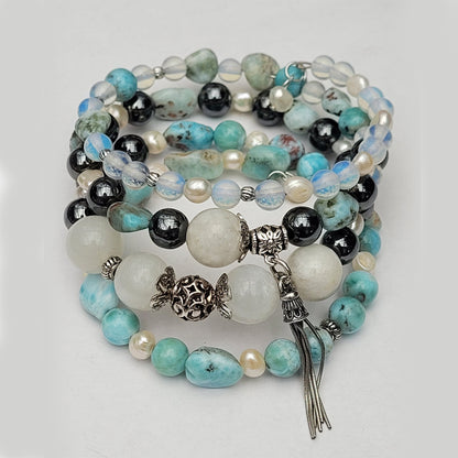 Larimar Bracelet: Sterling Silver, Moonstone, Pearl Gemstone Cuff