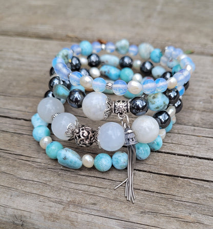 Larimar Bracelet: Sterling Silver, Moonstone, Pearl Gemstone Cuff