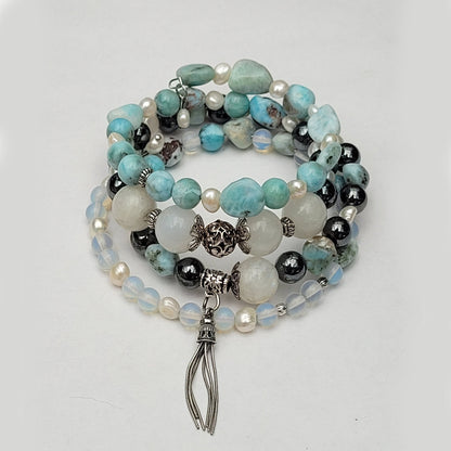 Larimar Bracelet: Sterling Silver, Moonstone, Pearl Gemstone Cuff