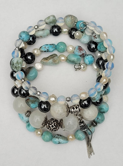 Larimar Bracelet: Sterling Silver, Moonstone, Pearl Gemstone Cuff