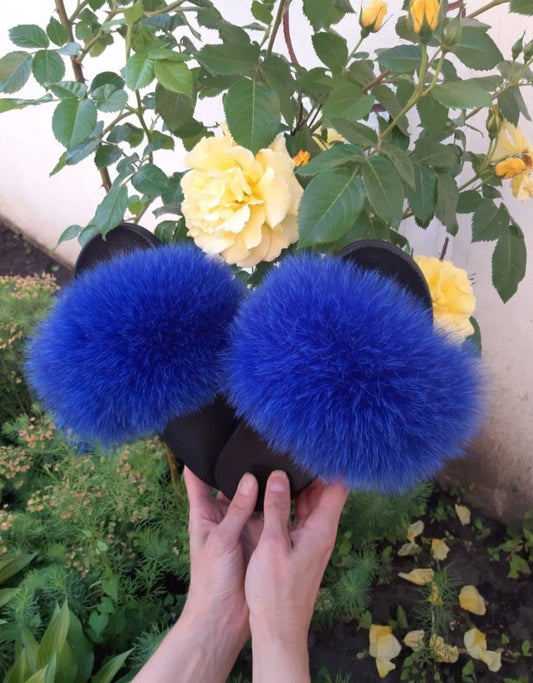 Royal Blue Fox Fur Slides, Suede Leather Slippers
