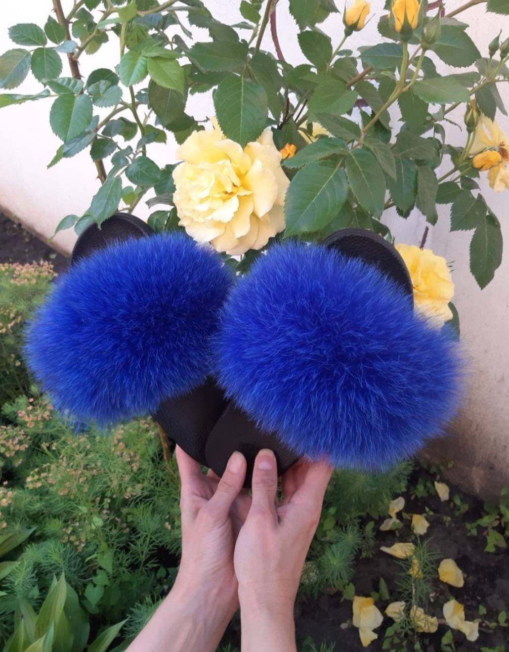 Royal Blue Fox Fur Slides, Suede Leather Slippers