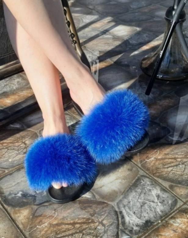 Royal Blue Fox Fur Slides, Suede Leather Slippers
