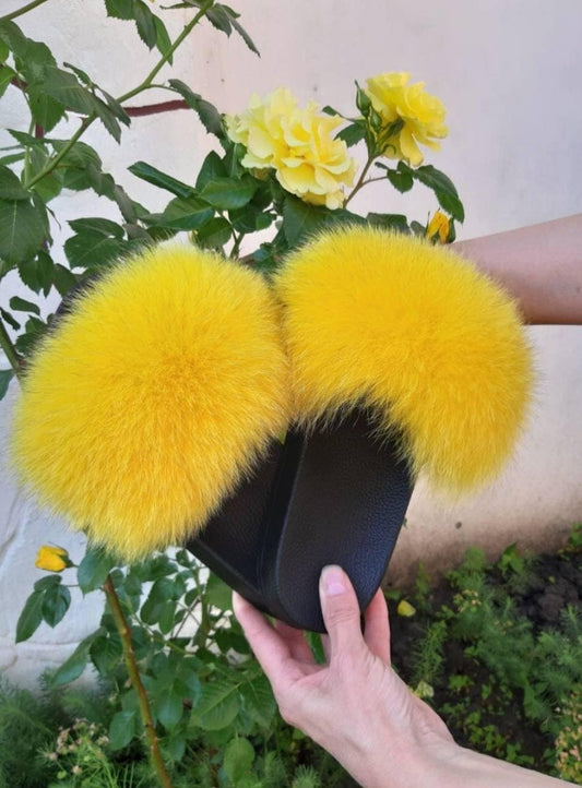 BY ORDER Real Fur Slippers, Fox Fur Slides, Pair of Premium Fox Fur Shoes, Fox Fur Sandals, Fluffy Fur Slides Sandals, Fur Slippers, Yellow