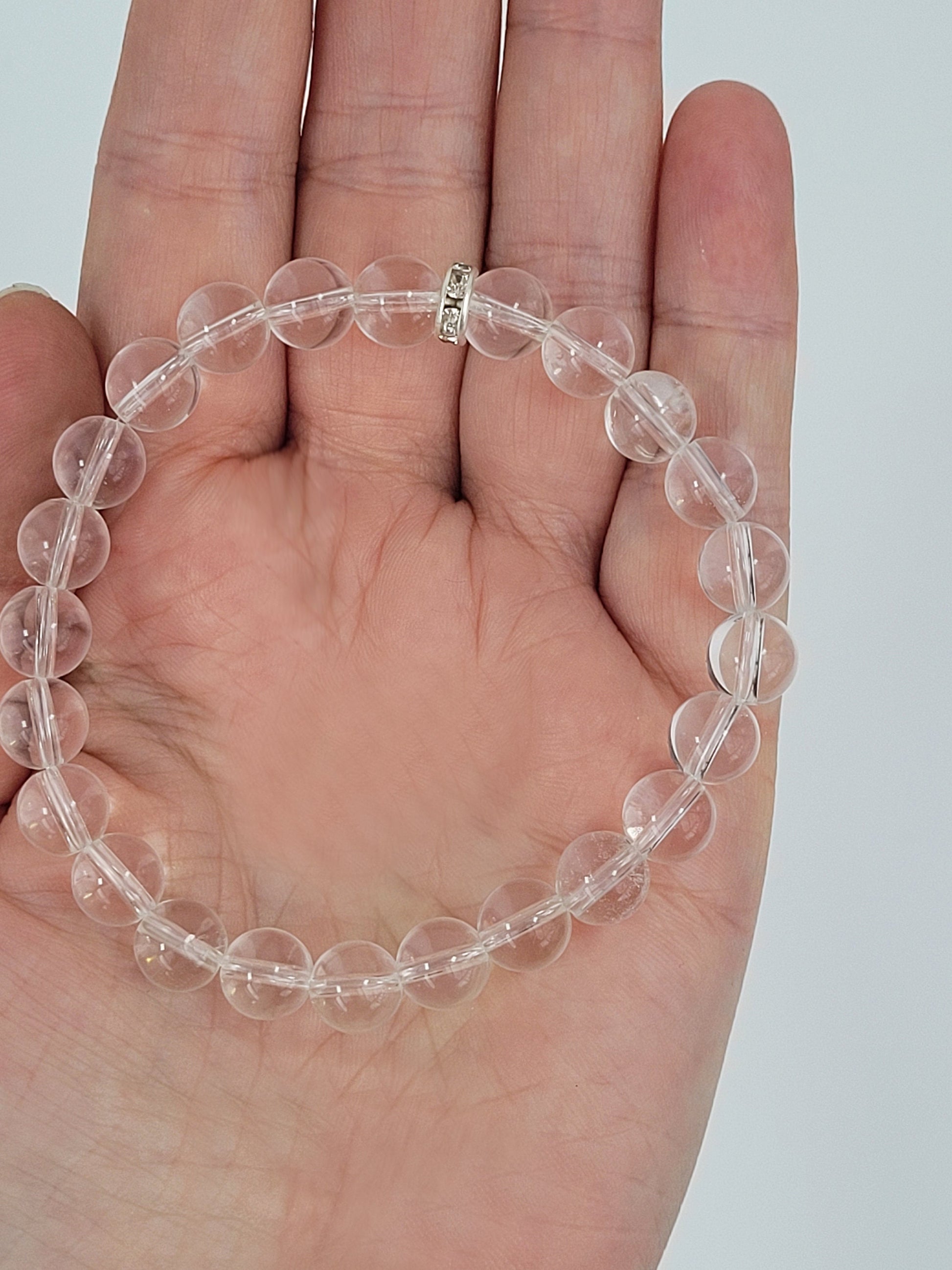 Beaded Bracelet, Clear Quartz Bracelet, White Stone 8 mm Beads Bracelet, 100% Natural Clear Quartz Stone, Round Bangle Bracelet, Healing