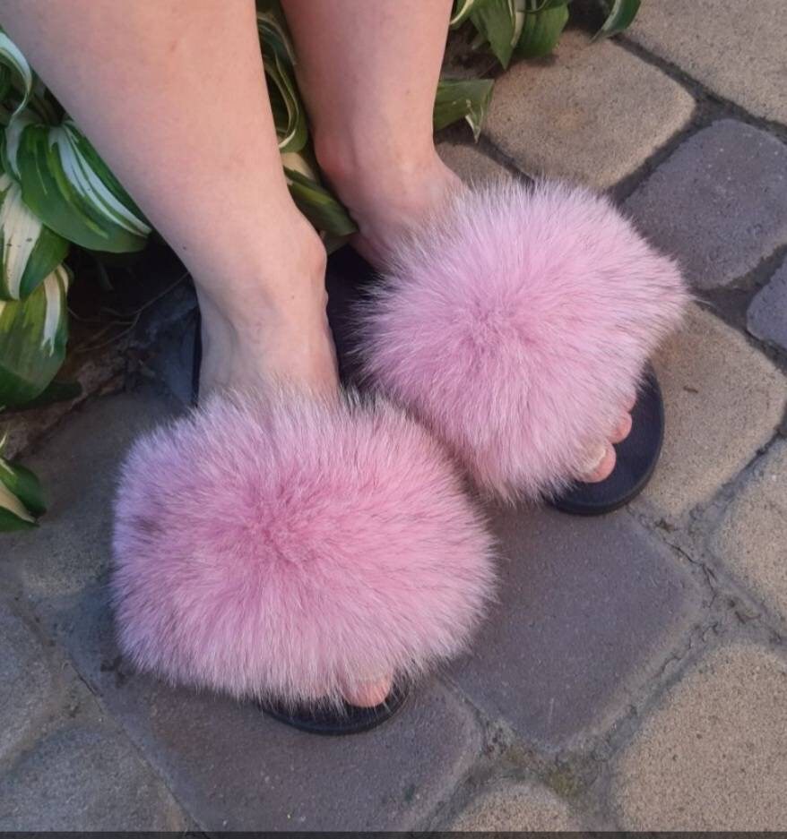 BY ORDER Pink Real Fox Fur Slides Leather Beach Large  Women Girl Natural Fur Sandals Summer Slippers Fashion Fluffy Shoes Flip Flop Natural