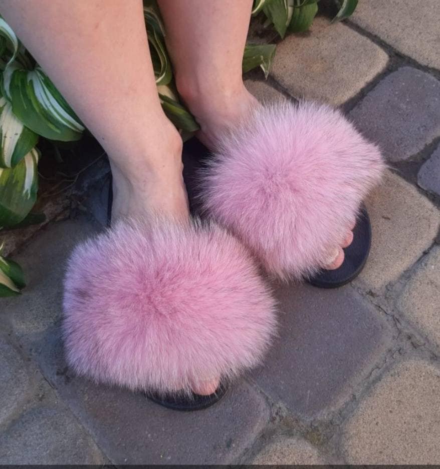 BY ORDER Pink Real Fox Fur Slides Leather Beach Large Women Girl Natural Fur Sandals Summer Slippers Fashion Fluffy Shoes Flip Flop Natural