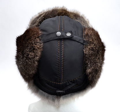 Ski Hat – Warm Rabbit Fur Aviator Earflap Hat – Black with Brown Thread Accents – view 12