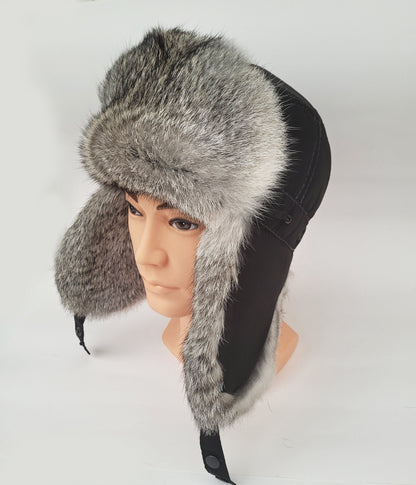 Rabbit Fur Hat – Unisex Aviator Winter Hat – Black with Gray Rabbit Fur – view 2