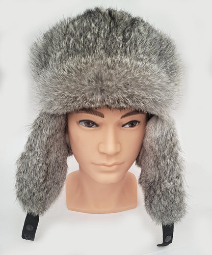 Rabbit Fur Hat – Unisex Aviator Winter Hat – Black with Gray Rabbit Fur – view 3