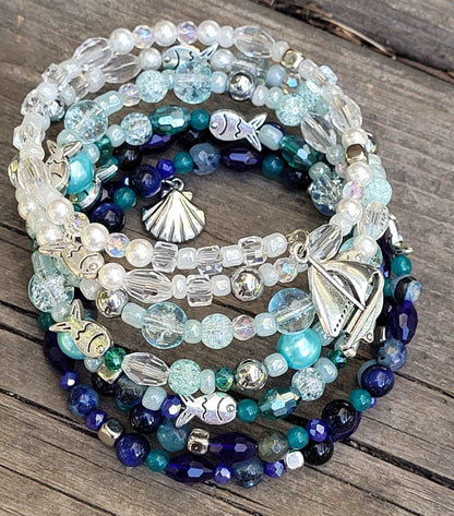 Blue Ocean Memory Wire Large Bracelet, Blue Stone Bracelet, Multi Strand Bracelet, Quartz, Agate, Hematite, Jade, Pearls Gemstone Cuff