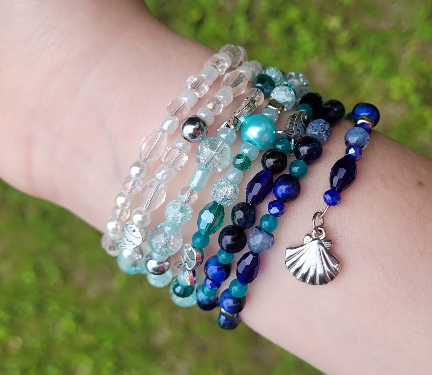 Blue Ocean Multi Strand Memory Wire Bracelet, Gemstone Cuff