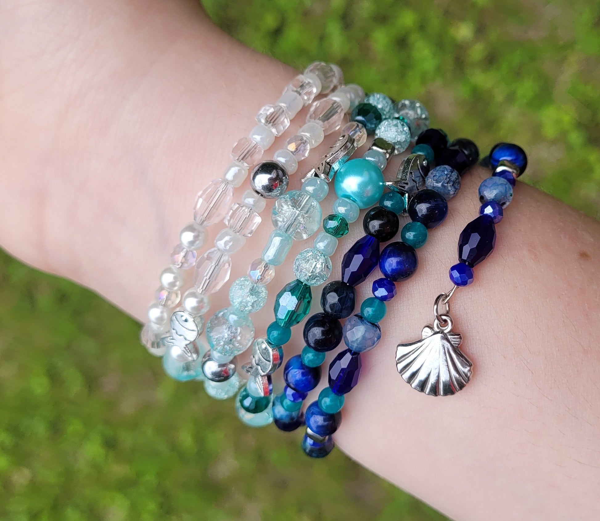 Blue Ocean Multi Strand Memory Wire Bracelet, Gemstone Cuff