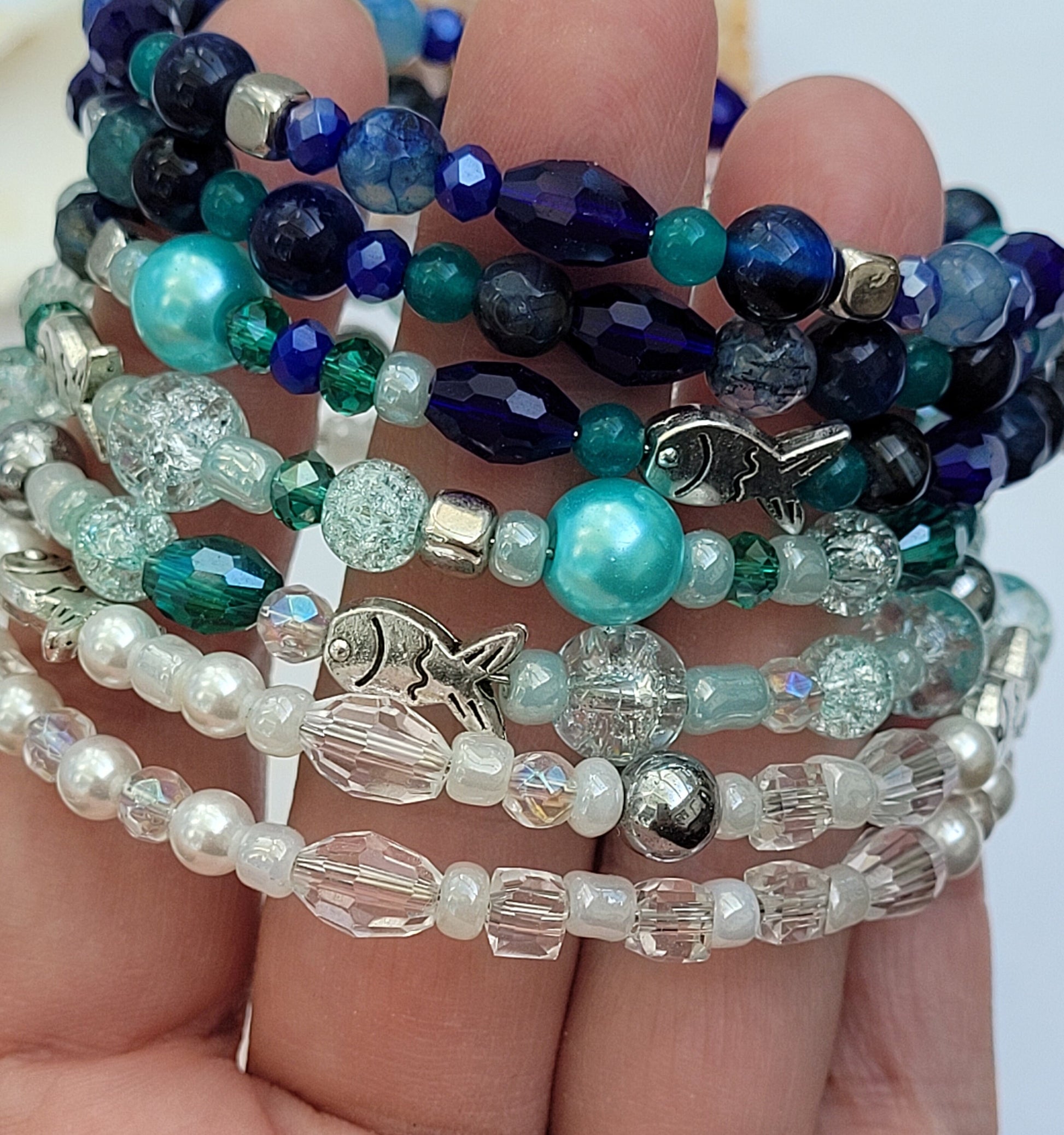 Blue Ocean Multi Strand Memory Wire Bracelet, Gemstone Cuff