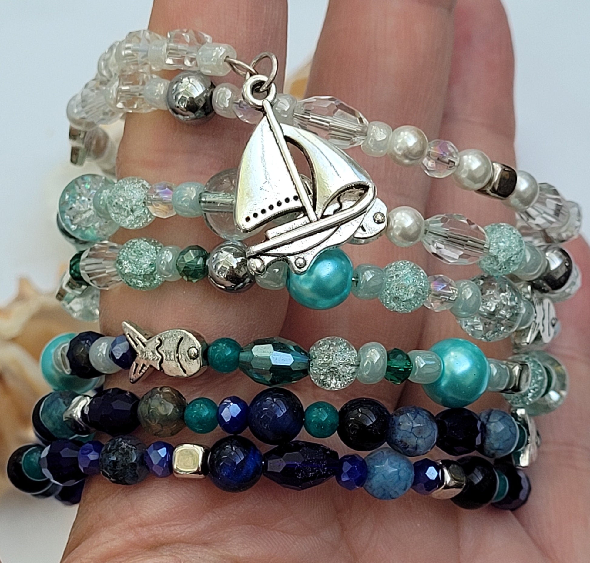 Blue Ocean Multi Strand Memory Wire Bracelet, Gemstone Cuff