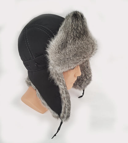 Rabbit Fur Hat – Unisex Aviator Winter Hat – Black with Gray Rabbit Fur – view 4