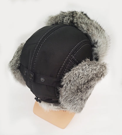 Rabbit Fur Hat – Unisex Aviator Winter Hat – Black with Gray Rabbit Fur – view 5